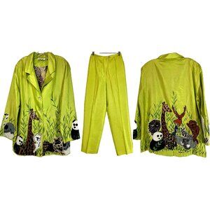 L FUN ANAGE Chaertreuse 100% Silk Jungle Theme Animals Applique Jacket Pants Set